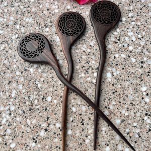 OHM Hair stick, hand carved in wood in Bali.